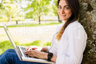 Beautiful brunette using laptop in the park