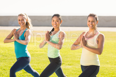 Smiling sporty women doing yoga together