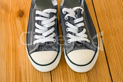 Pair of sneakers on the wooden shield