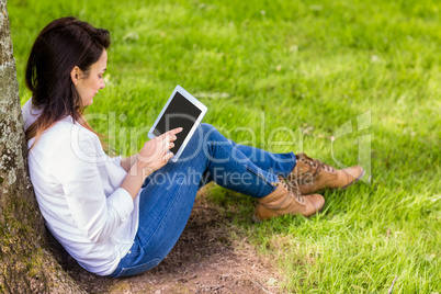 Beautiful brunette using tablet pc in the park