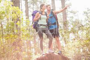 Happy hikers pointing and looking away