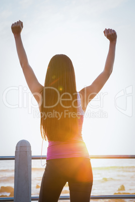 Rear view of fit woman cheering at promenade