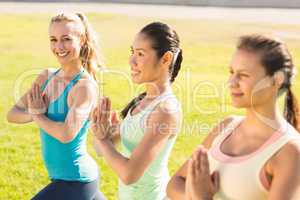 Smiling sporty women doing yoga together