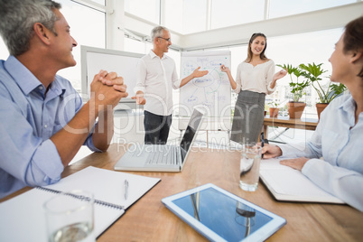 Smiling business colleagues conducting presentation