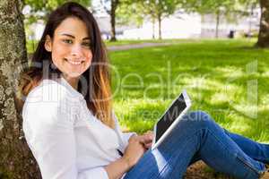 Beautiful brunette using tablet pc in the park