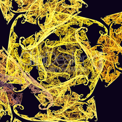 Abstract fractal design. Yellow arabesque on black.