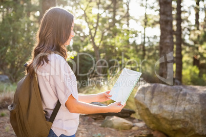 Pretty brunette hiker reading map