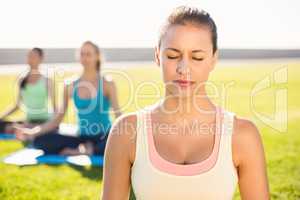 Peaceful sporty brunette doing yoga with her friends
