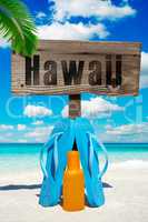 Holzschild mit der Aufschrift "Hawaii" am Strand