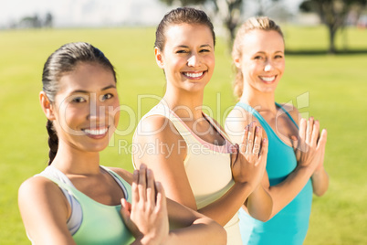 Smiling sporty women doing yoga together