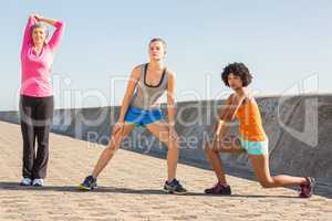 Sporty women stretching together