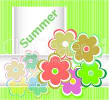 Summer theme with floral over bright multicolored background, summer flowers, holiday card