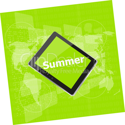 summer word on tablet pc screen, digital touch screen, holiday concept, summer card