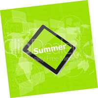 summer word on tablet pc screen, digital touch screen, holiday concept, summer card