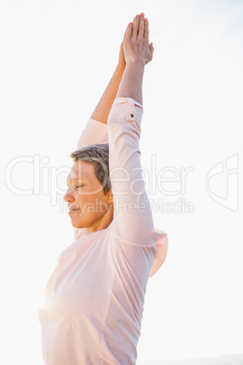 Peaceful sporty woman doing yoga at promenade