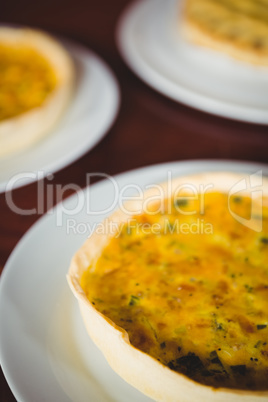 Close up view of cheese quiche