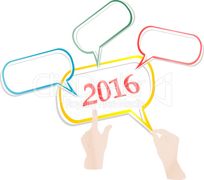 hand with abstract speech bubbles set on white Christmas background, 2016 new year concept