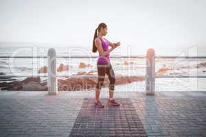 Fit woman checking smart watch at promenade