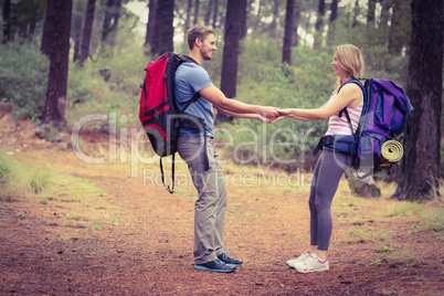 Young happy hiker couple holding hands