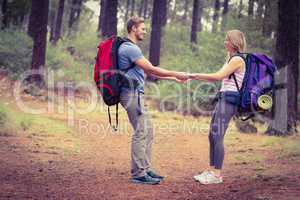 Young happy hiker couple holding hands