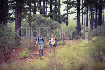 Young hiker couple hiking