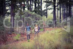 Young hiker couple hiking