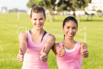Two smiling women wearing pink for breast cancer