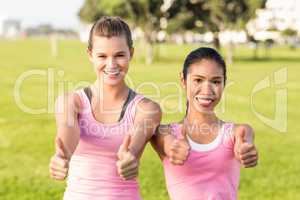 Two smiling women wearing pink for breast cancer