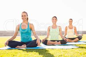 Smiling sporty women doing yoga together