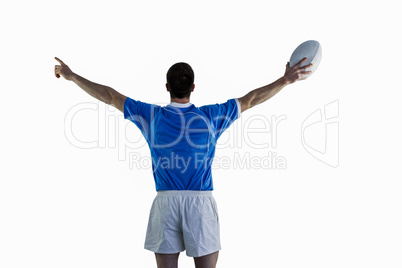 Rugby player gesturing with hands