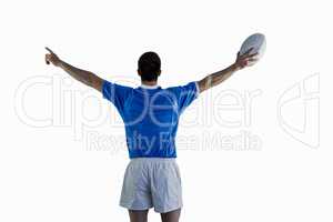 Rugby player gesturing with hands