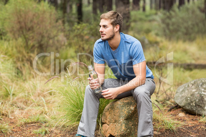 Handsome man sitting on a stone
