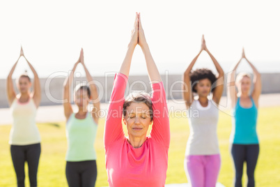 Peaceful sporty woman doing yoga in yoga class