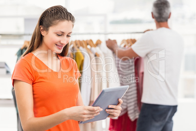 Smiling casual businesswoman volunteering