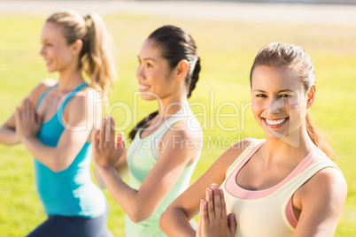 Smiling sporty women doing yoga together