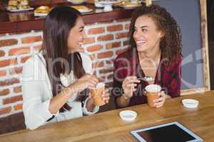 Pretty female friends enjoying a coffee using tablet pc