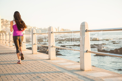 Rear view of fit woman jogging at promenade