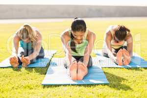 Sporty women stretching on exercise mat