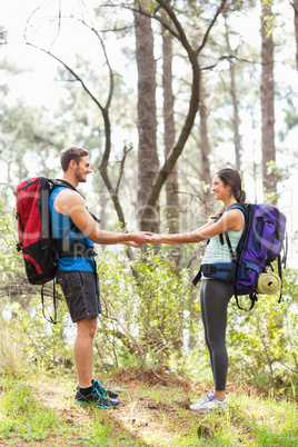 Happy hikers holding hands