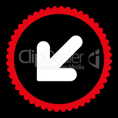 Arrow Down Left flat red and white colors round stamp icon
