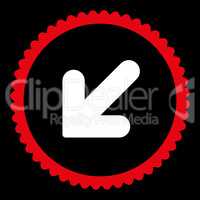 Arrow Down Left flat red and white colors round stamp icon
