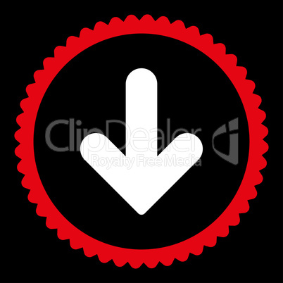 Arrow Down flat red and white colors round stamp icon