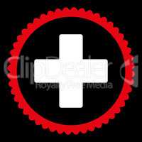 Plus flat red and white colors round stamp icon