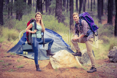 Portrait of a young pretty hiker couple