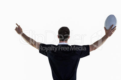 Rugby player gesturing with hands