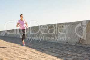 Sporty blonde jogging at promenade