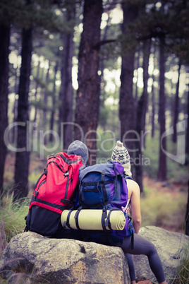 Rear view of a young happy hiker couple