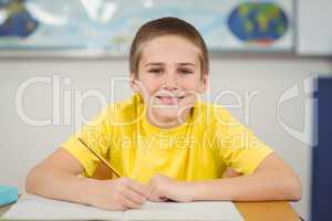 Smiling pupil working at his desk in a classroom