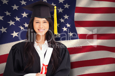Composite image of a smiling woman looking at the camera while d