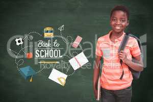 Composite image of portrait of happy cute boy in library